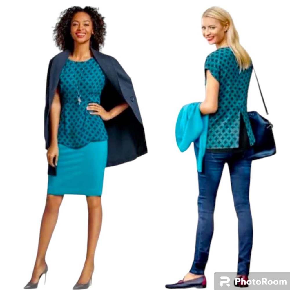 Cabi Foulard Teal/Blue Printed Split Back Waist Peplum Blouse